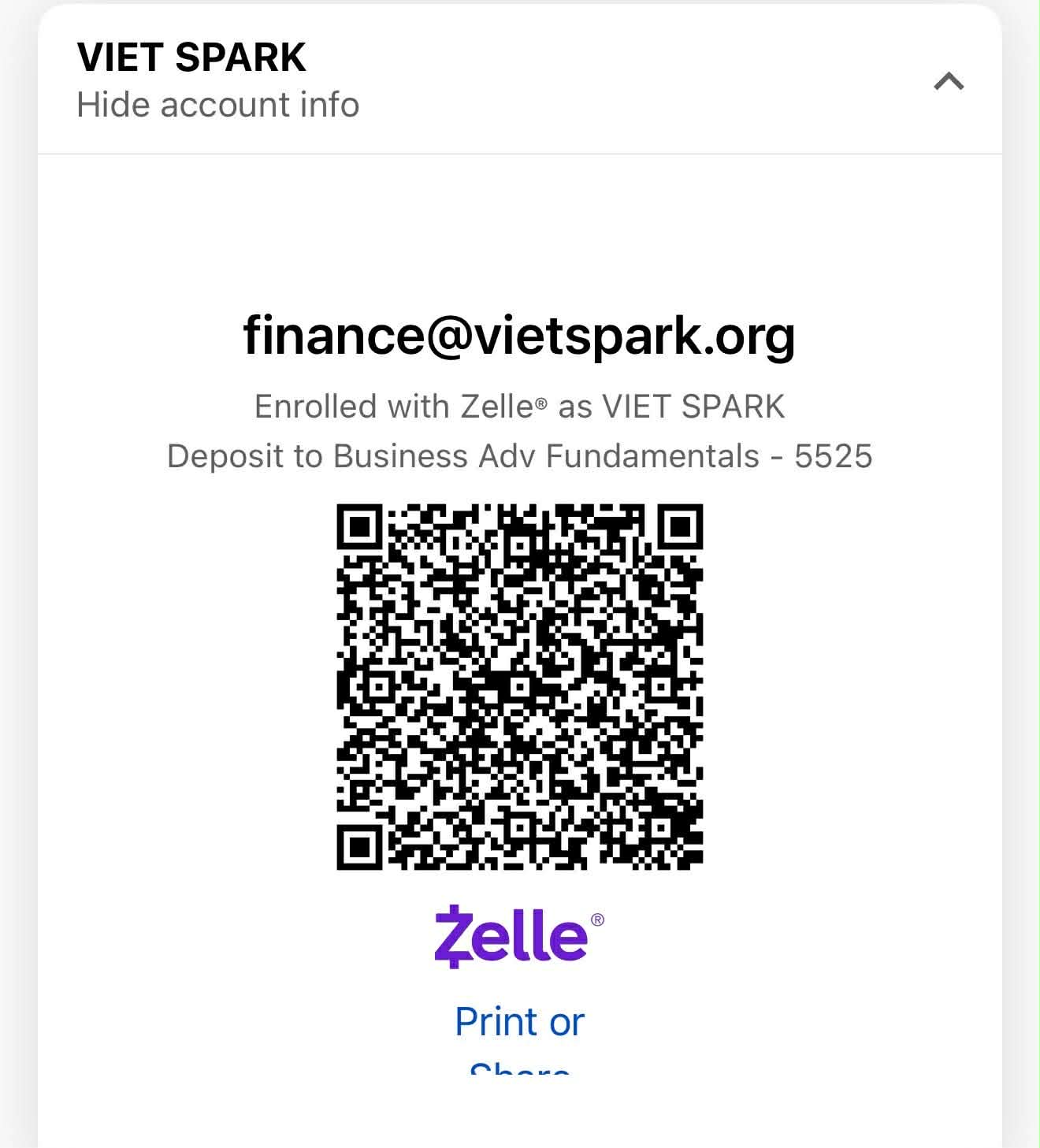 Viet Spark Zelle QR code for donations